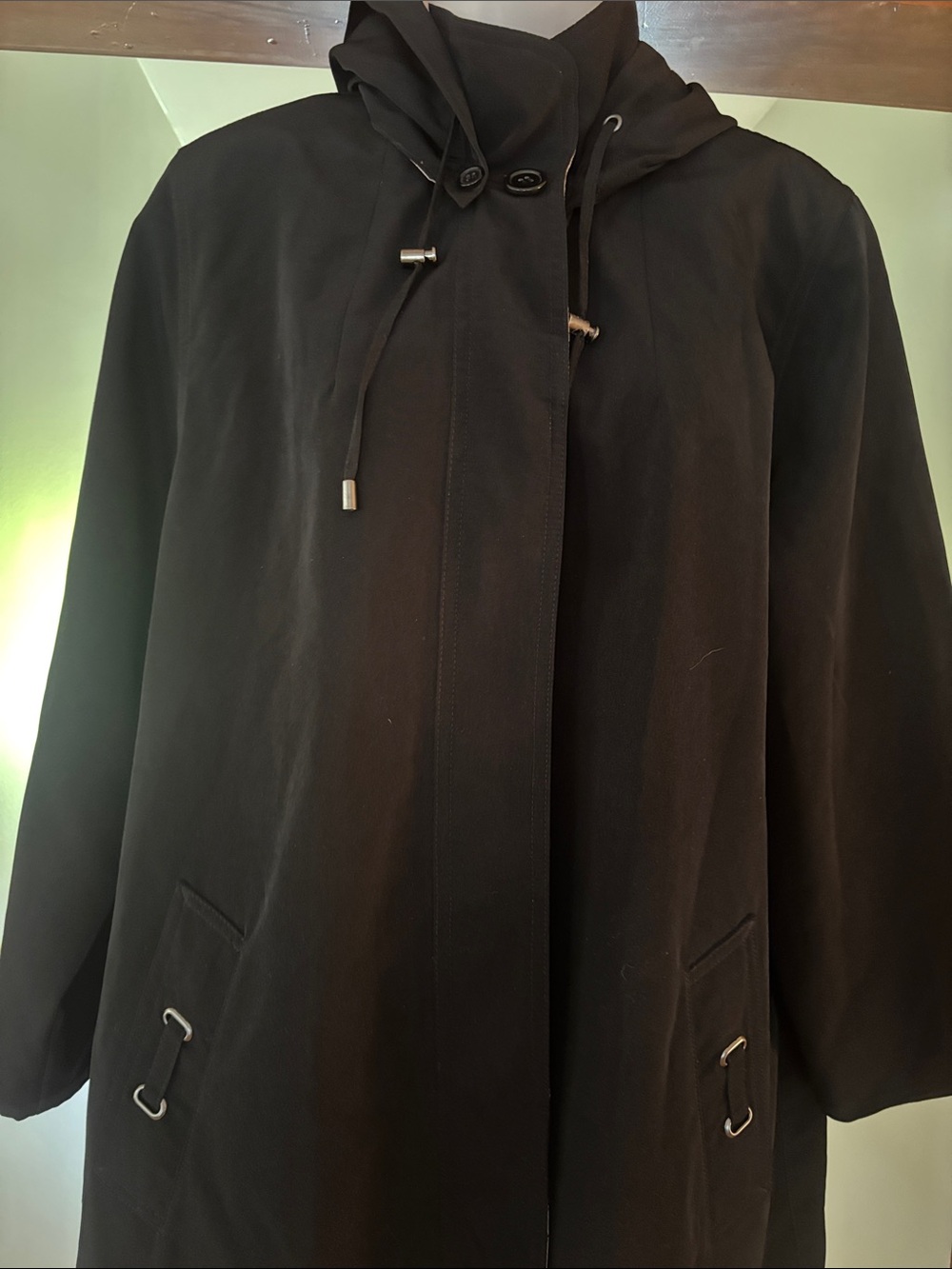 Black Trench Coat with Tan Lining water resistant removable hood